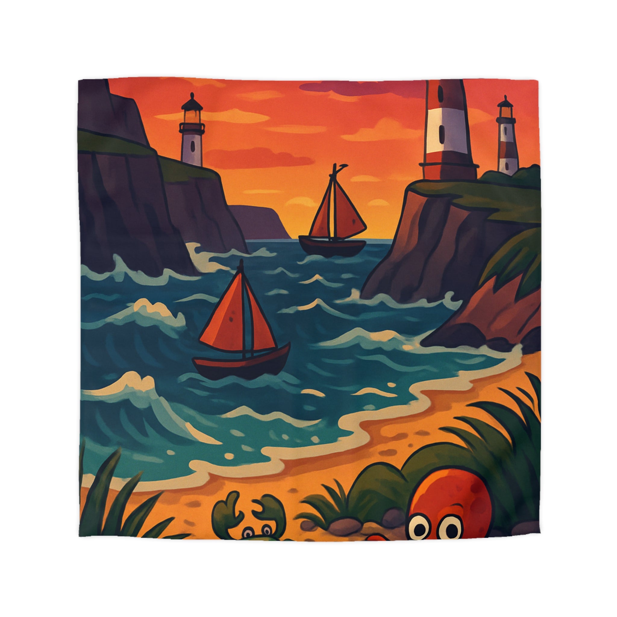 Housse de couette océanique avec phare, créatures marines et voiliers colorés, coucher de soleil vibrant