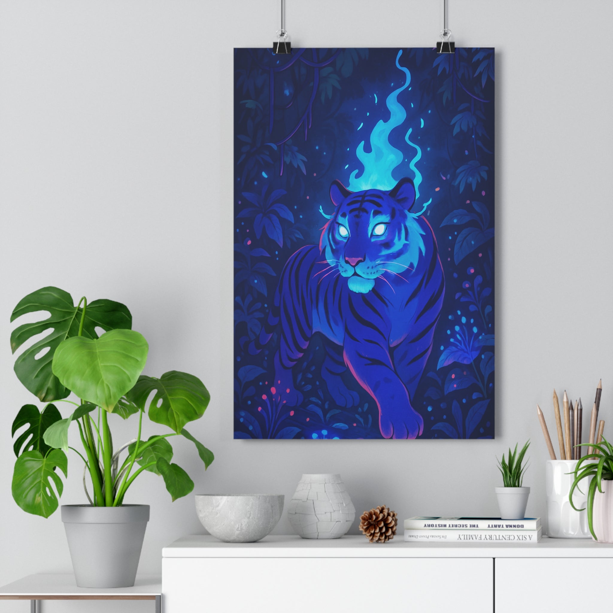 Poster décoratif cartoon tigre bleu violet mystique fantastique jungle salon chambre 30x46 cm qualité