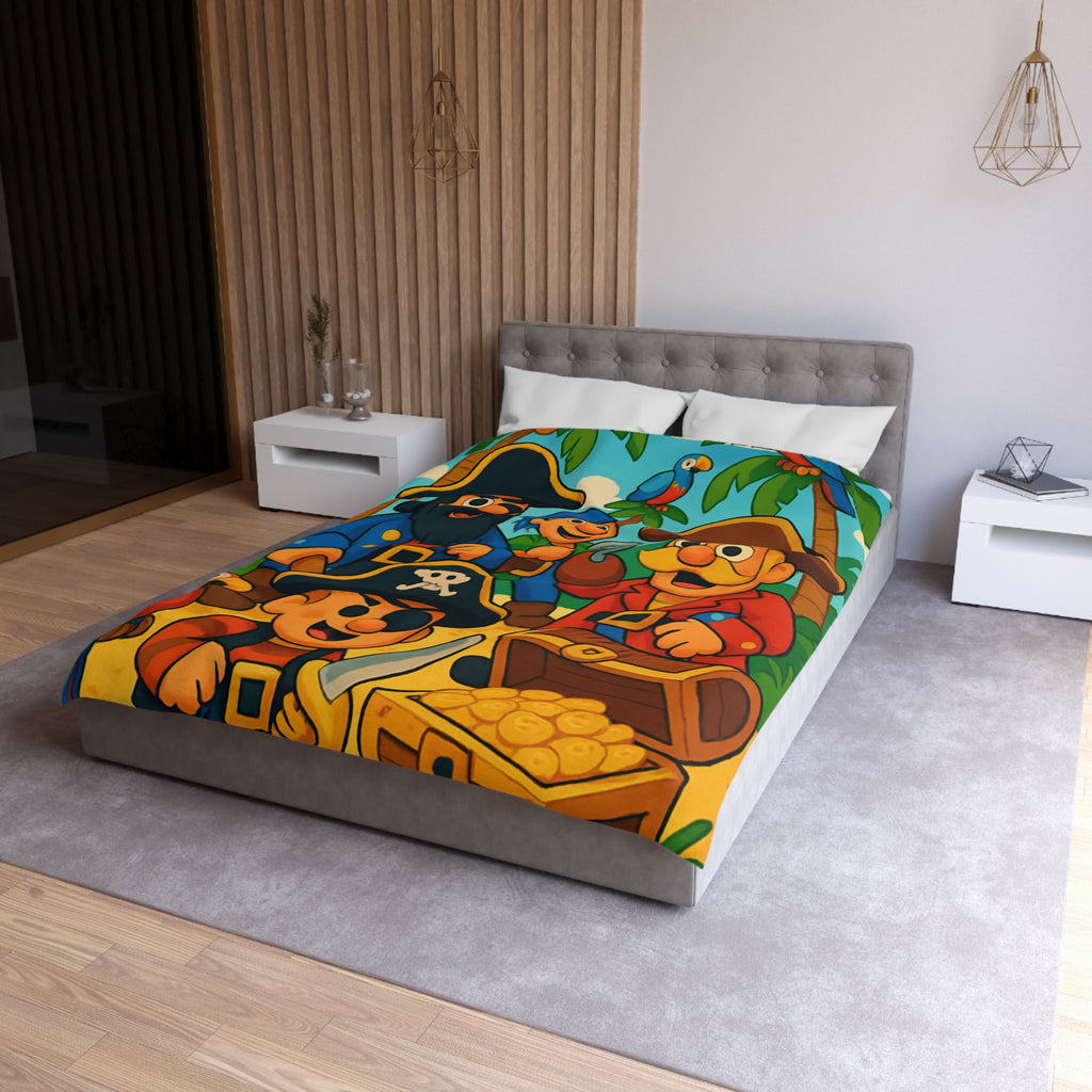 Housse de couette pirate colorée avec trésors, perroquets et personnages joyeux animés