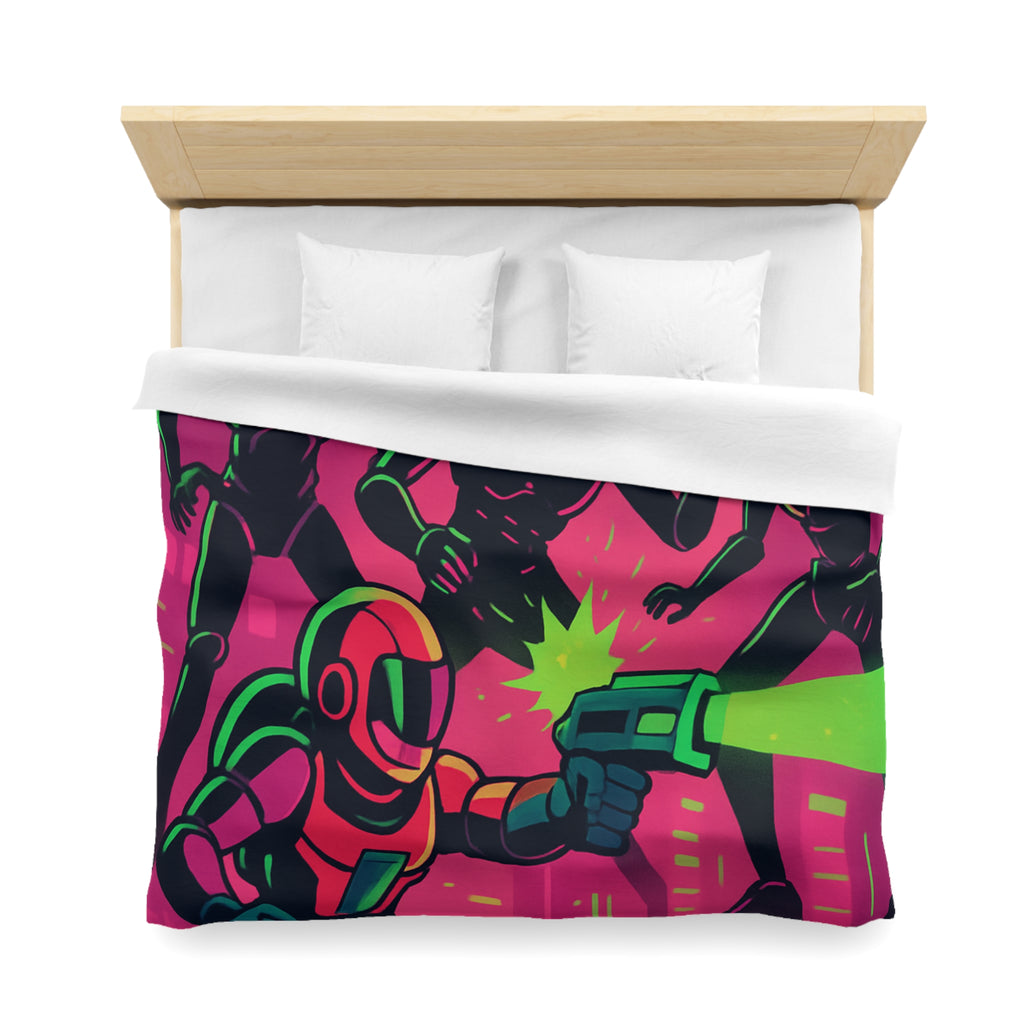 Housse de couette néon futuriste avec combat spatial, designs vifs rétro et cyberpunk