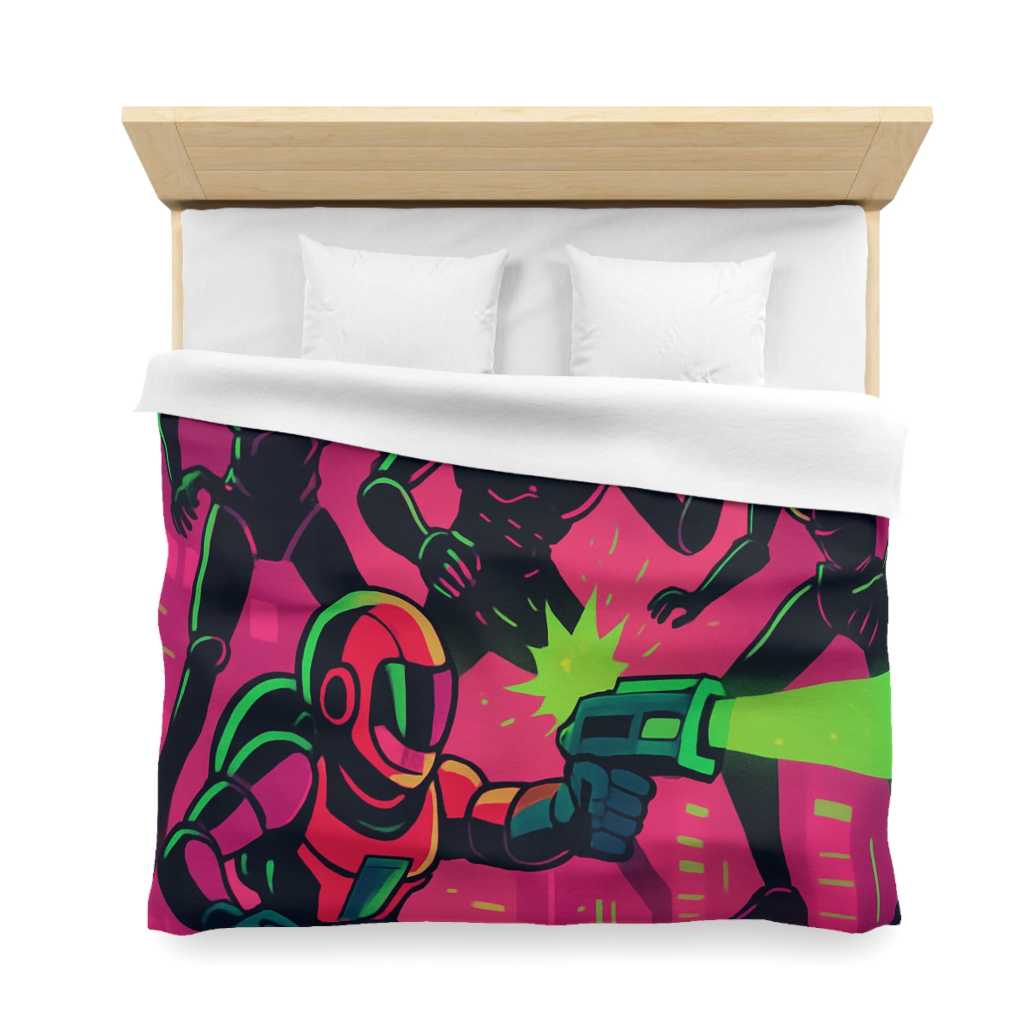 Housse de couette néon futuriste avec combat spatial, designs vifs rétro et cyberpunk