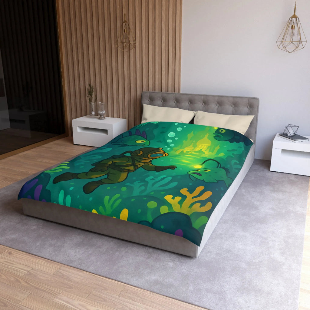 Décor de lit avec scaphandrier et poissons lumineux dans une cité sous-marine fantastique