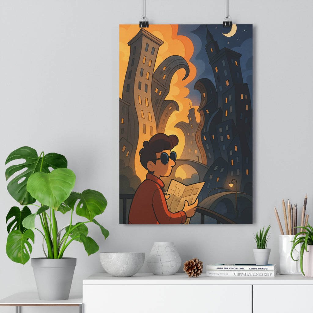 Poster décoratif urbain surréaliste ville dynamique mouvement nocturne exploration ambiance mystérieuse moderne salon chambre