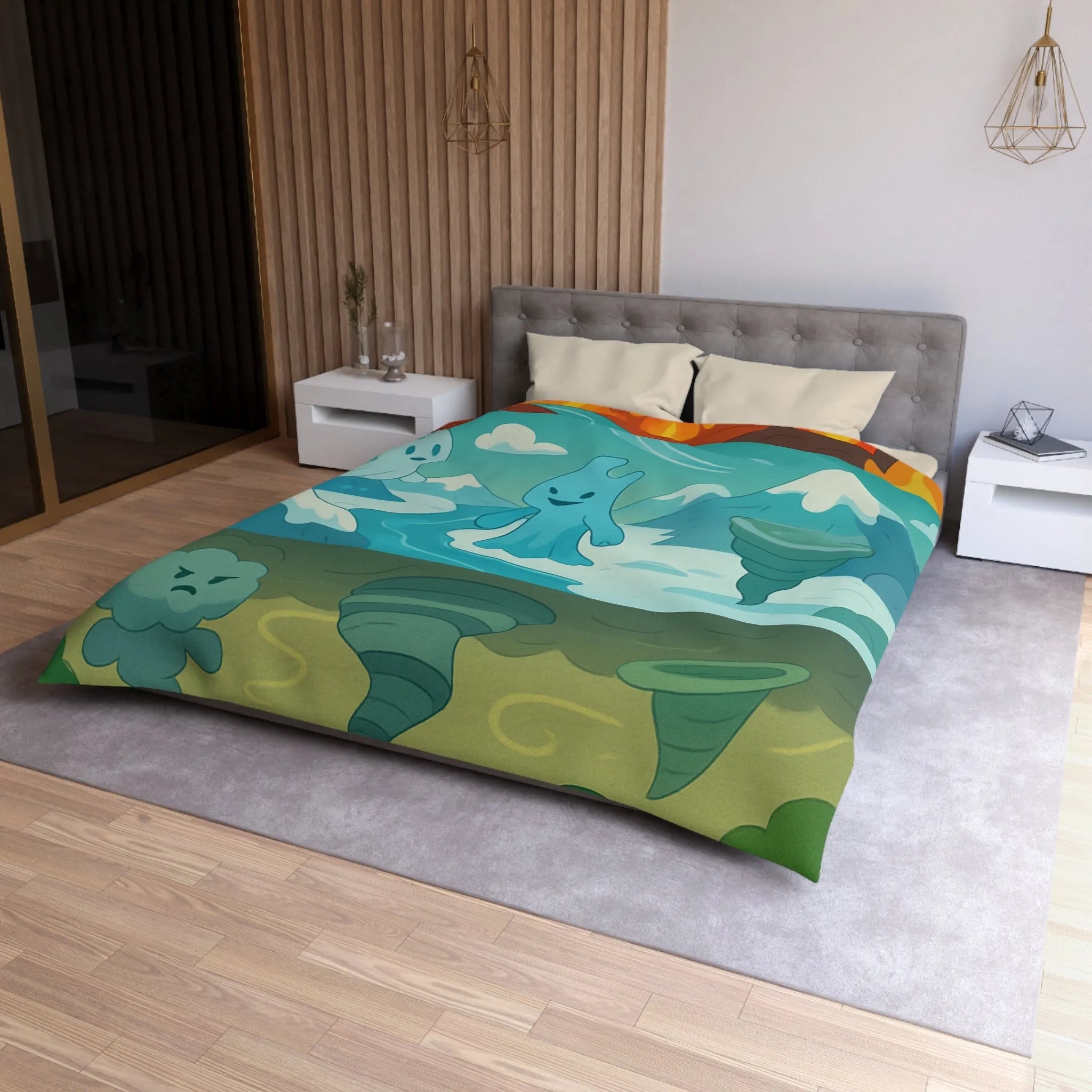 Housse de couette illustrant esprits élémentaires dans des paysages fantastiques vibrants et colorés