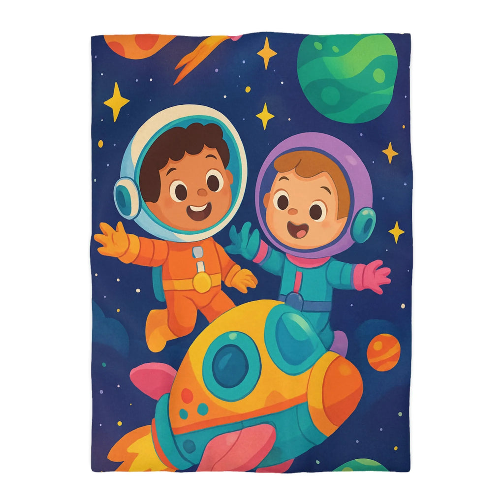 Couette Enfantine Cosmos : Enfants en Vaisseau Spatial avec Planètes et Étoiles Colorées