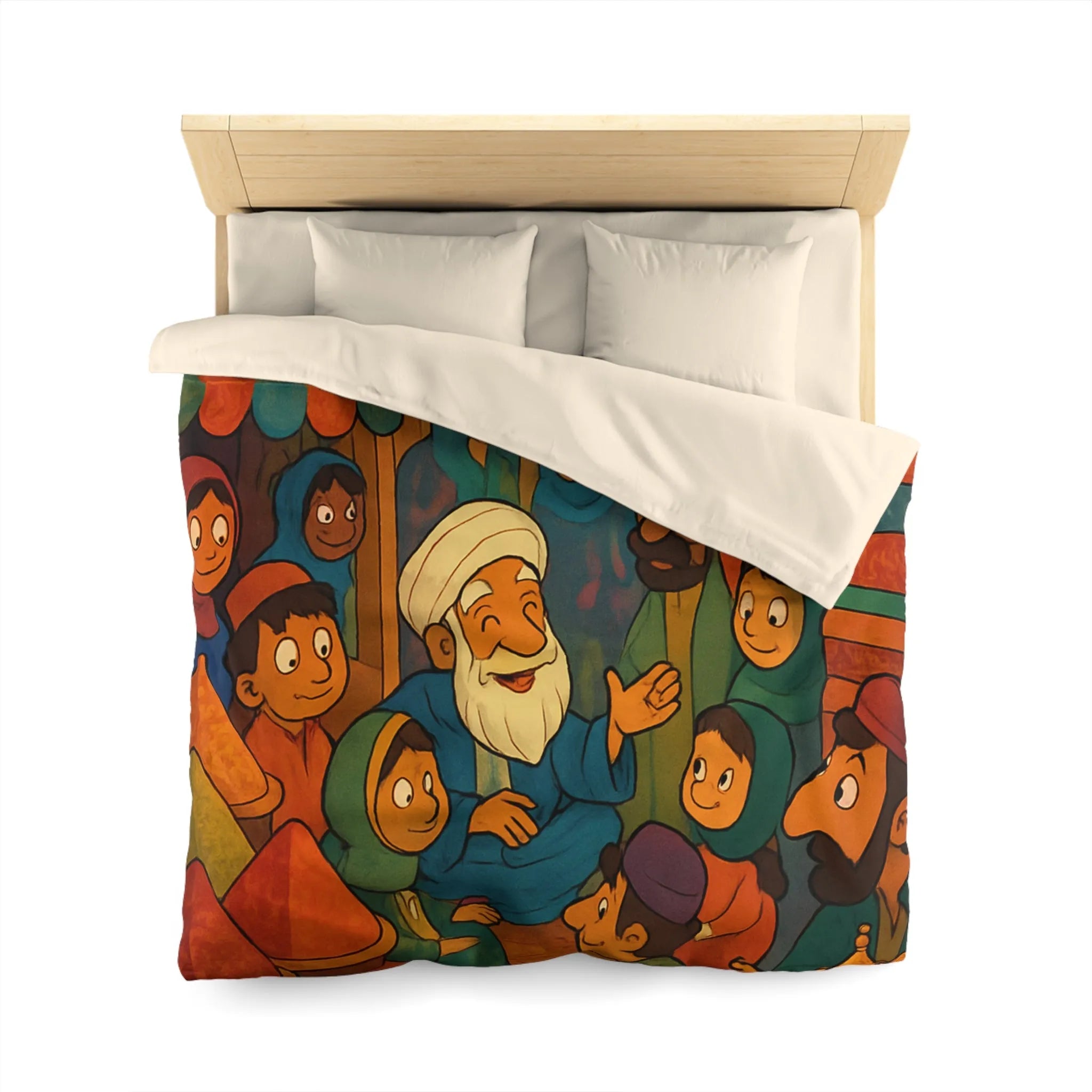 Housse de Couette Colorée Illustrant un Marché Animé avec Scène de Conteurs Traditionnels
