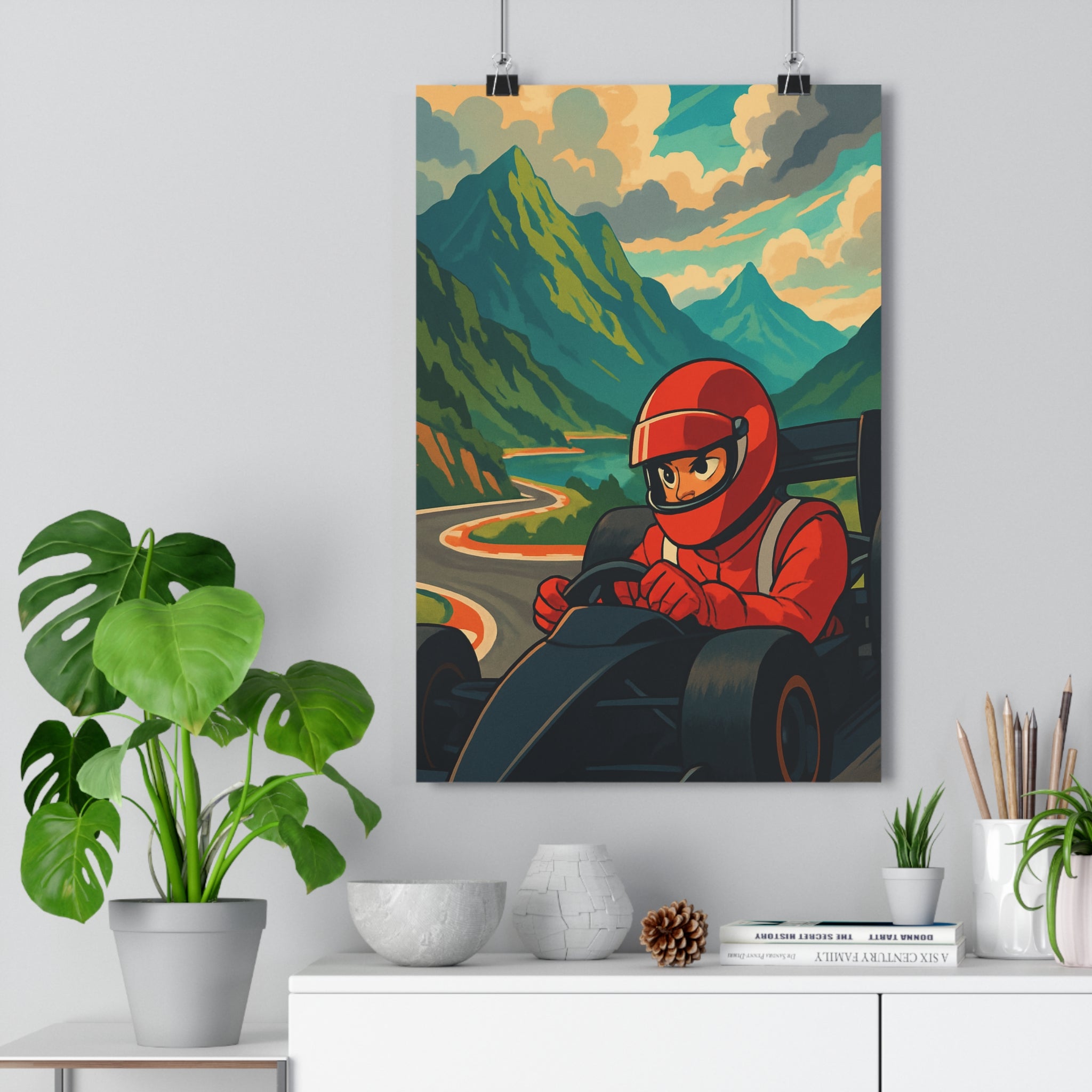 Poster décoratif dynamique rouge bleu vert course aventure chambre moderne animé montagne pilote circuit