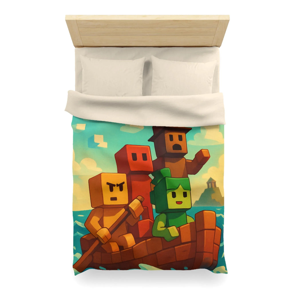 Housse de couette colorée avec personnages pixelisés sur un bateau en mer agité