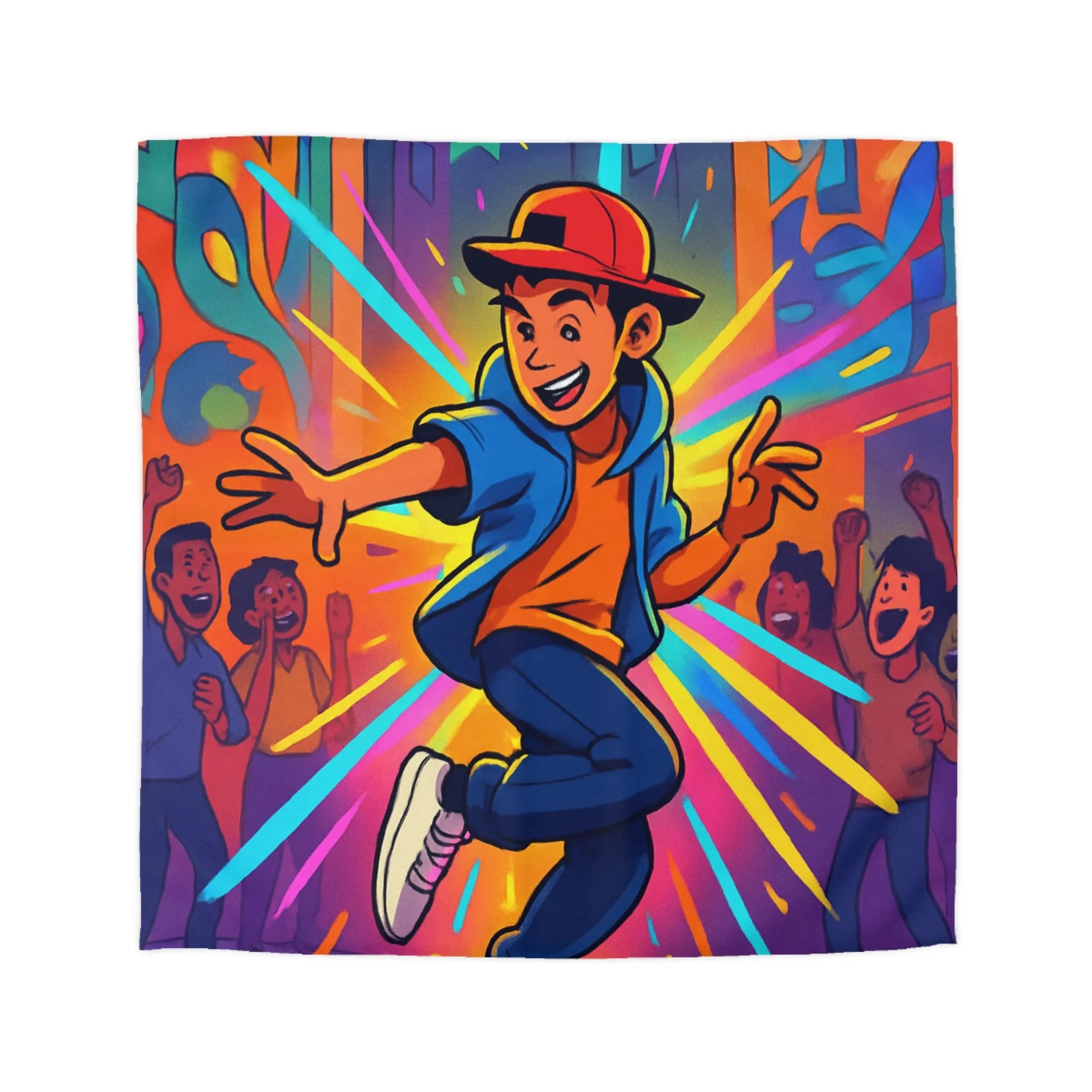 Housse couette street dance couleur vive, ambiance urbaine, dessin dynamique jeune garçon joyeux
