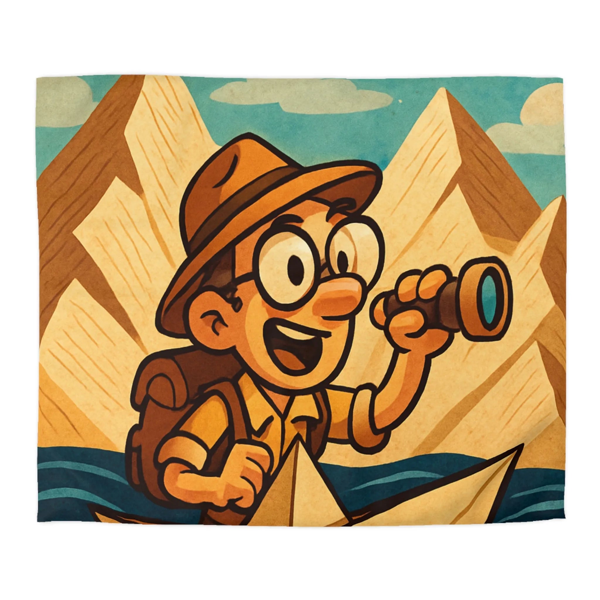 Aventure ludique d'un explorateur sur bateau en papier sous ciel bleu et montagnes