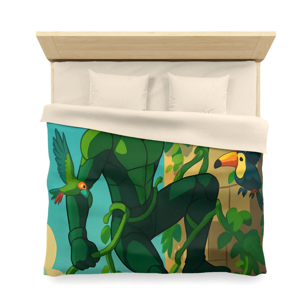 Housse de couette jungle animée avec héros vert grimpant et oiseaux colorés