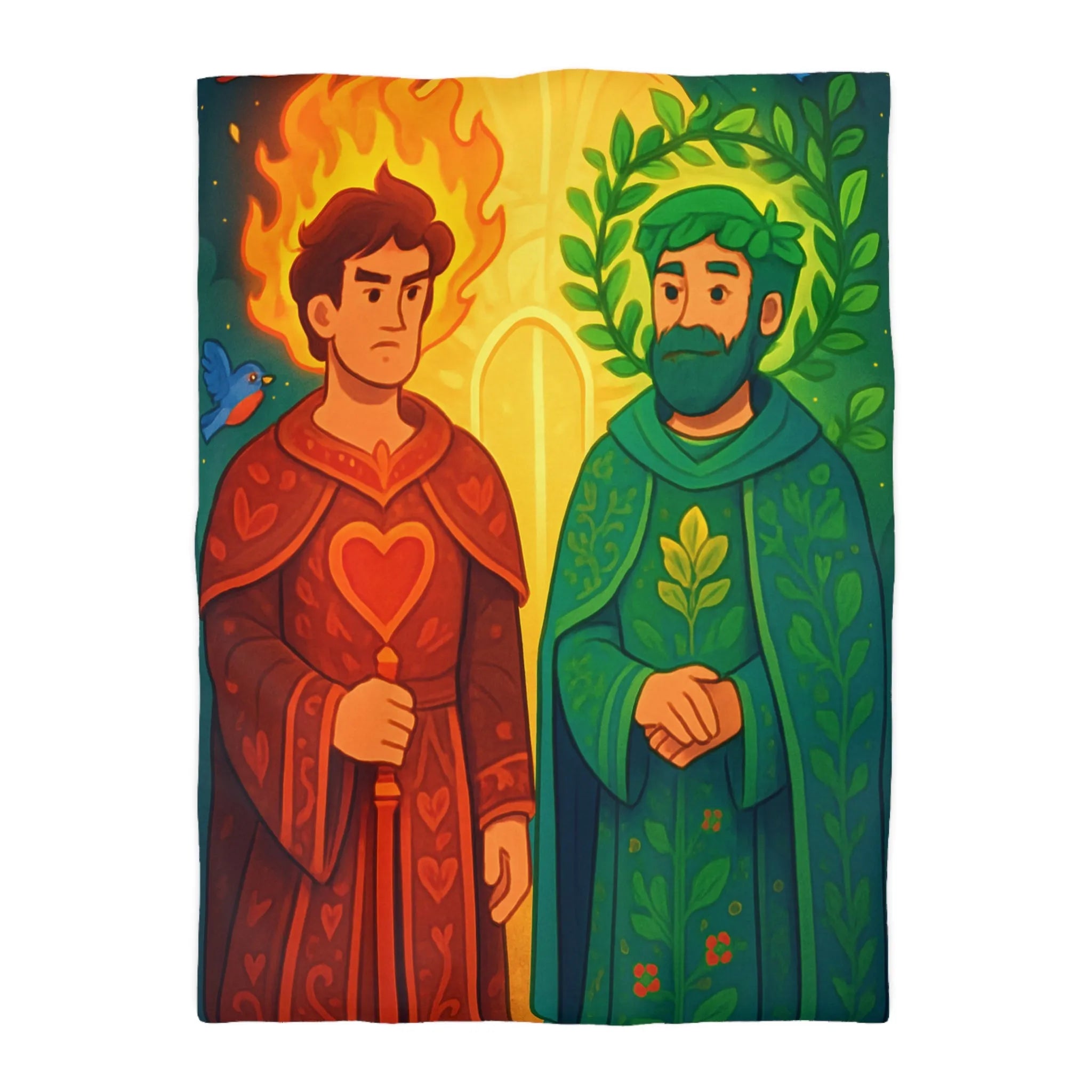 Housse de Couette Colorée avec Illustration Médiévale de Personnages Mystiques et Oiseaux Enchantés