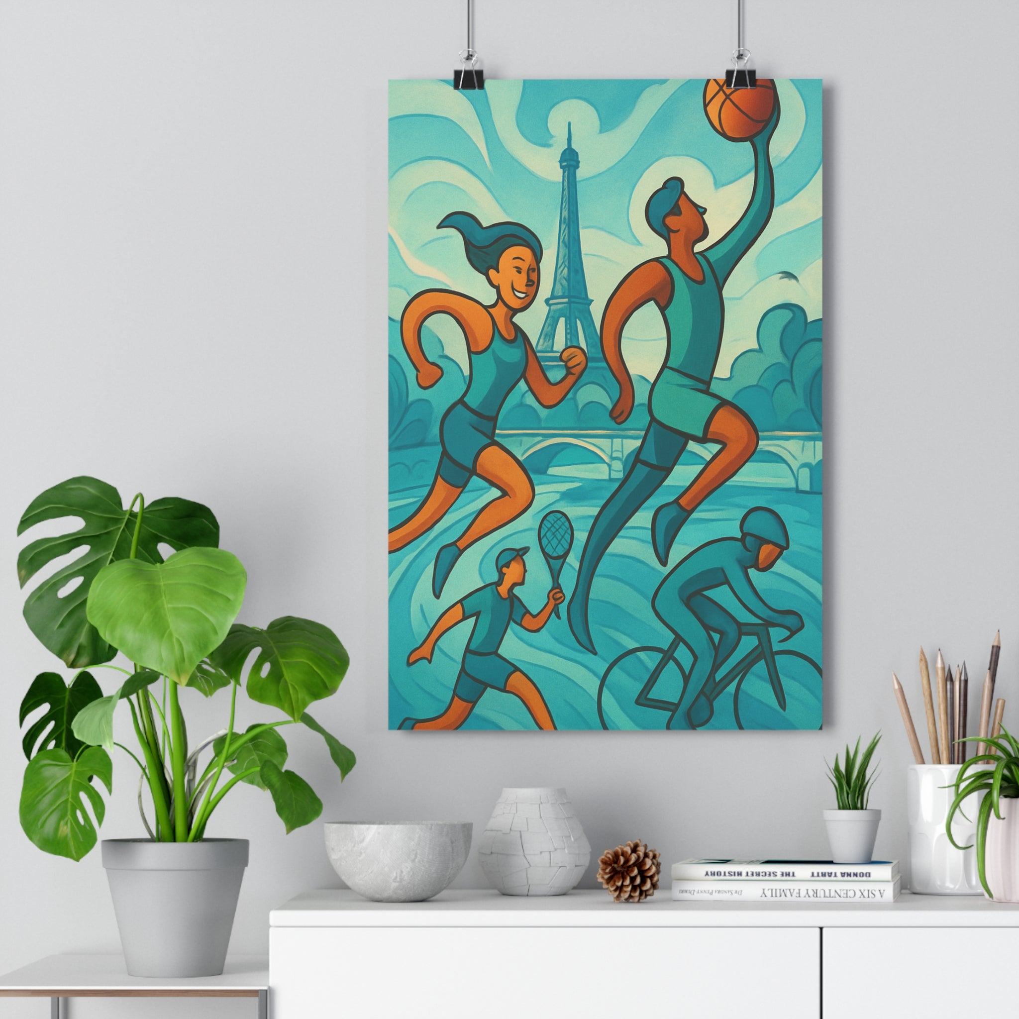 Poster décoratif dynamique sport athlètes bleu orange Paris moderne artistique salon chambre bureau qualité