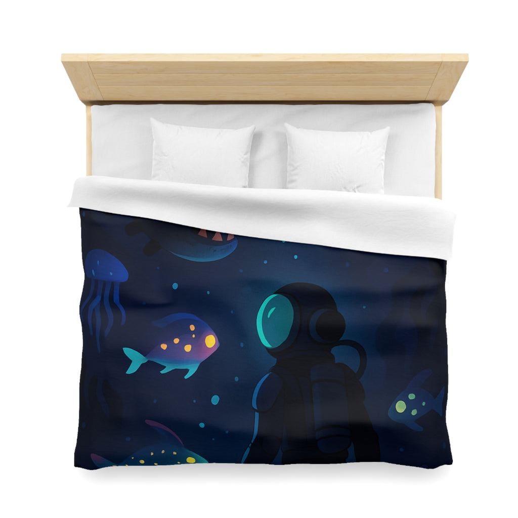 Housse de couette océanique avec plongeur et créatures marines lumineuses mystérieuses