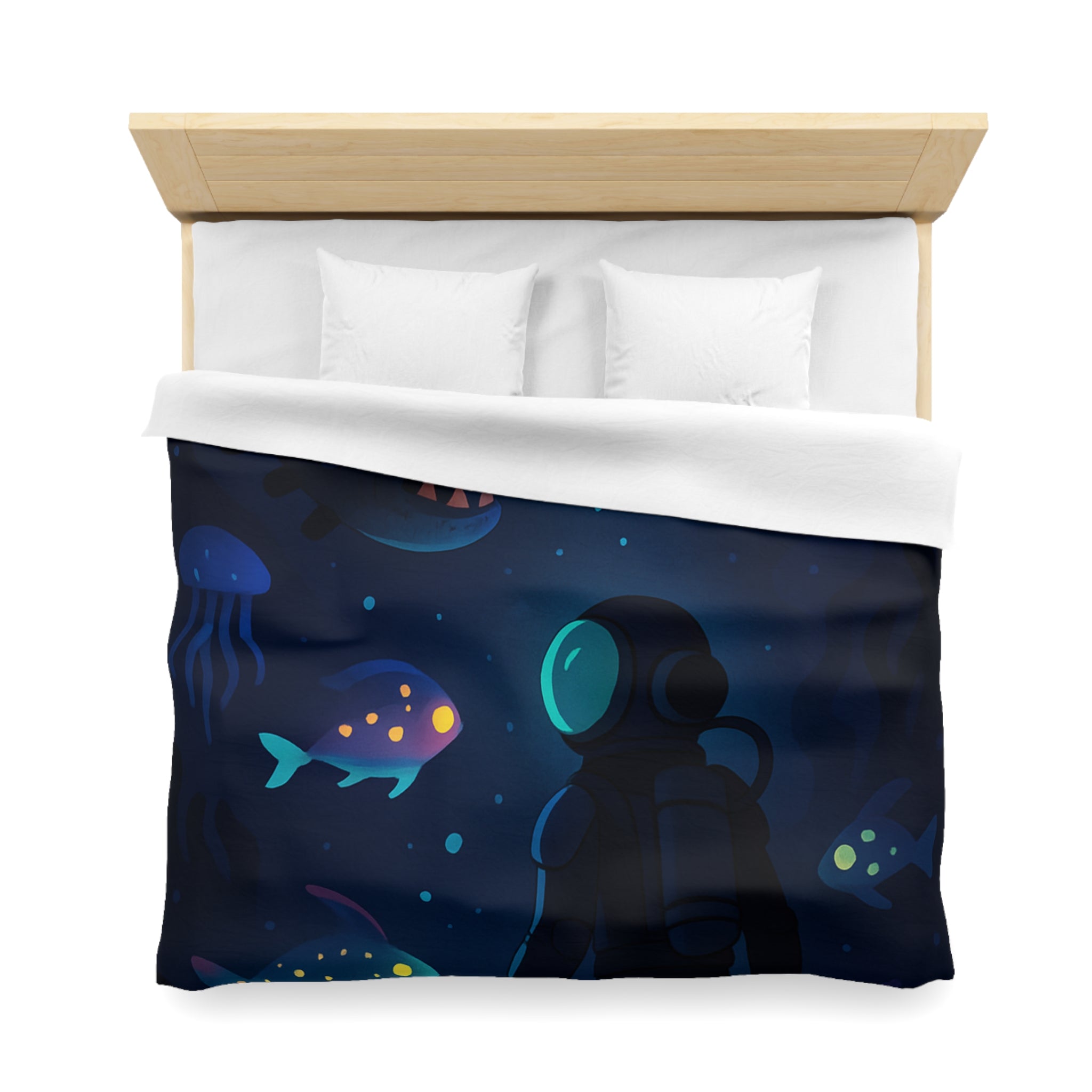 Housse de couette océanique avec plongeur et créatures marines lumineuses mystérieuses