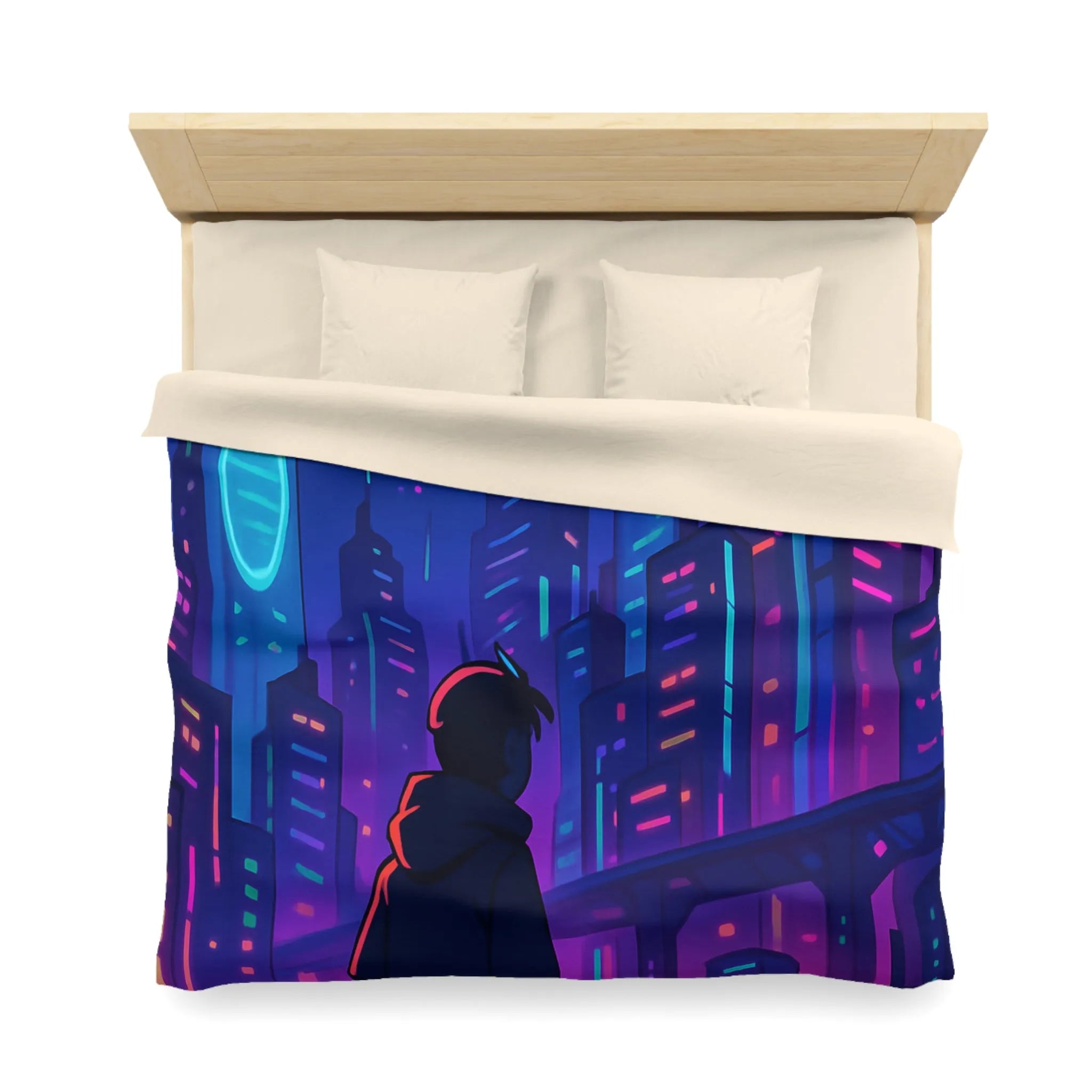 Housse de couette futuriste avec skyline néon vibrant et silhouette étoilée