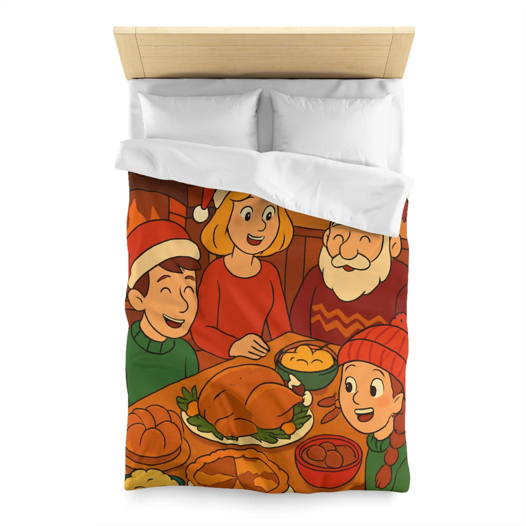 Housse de couette festive Noël famille réunie autour d'un dîner savoureux cheminée