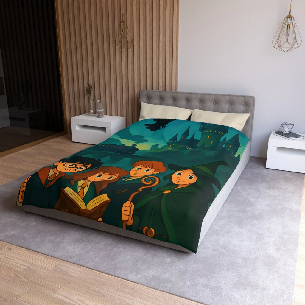 Housse de couette magique avec château et étudiants en sorcellerie dans une forêt enchantée