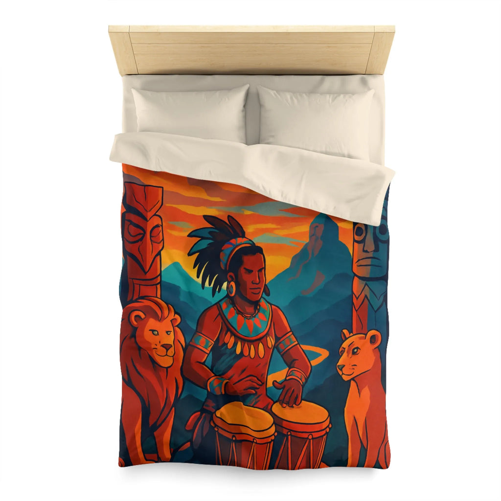 Housse de couette exotique avec musicien, tambours et totems en ambiance chaleureuse