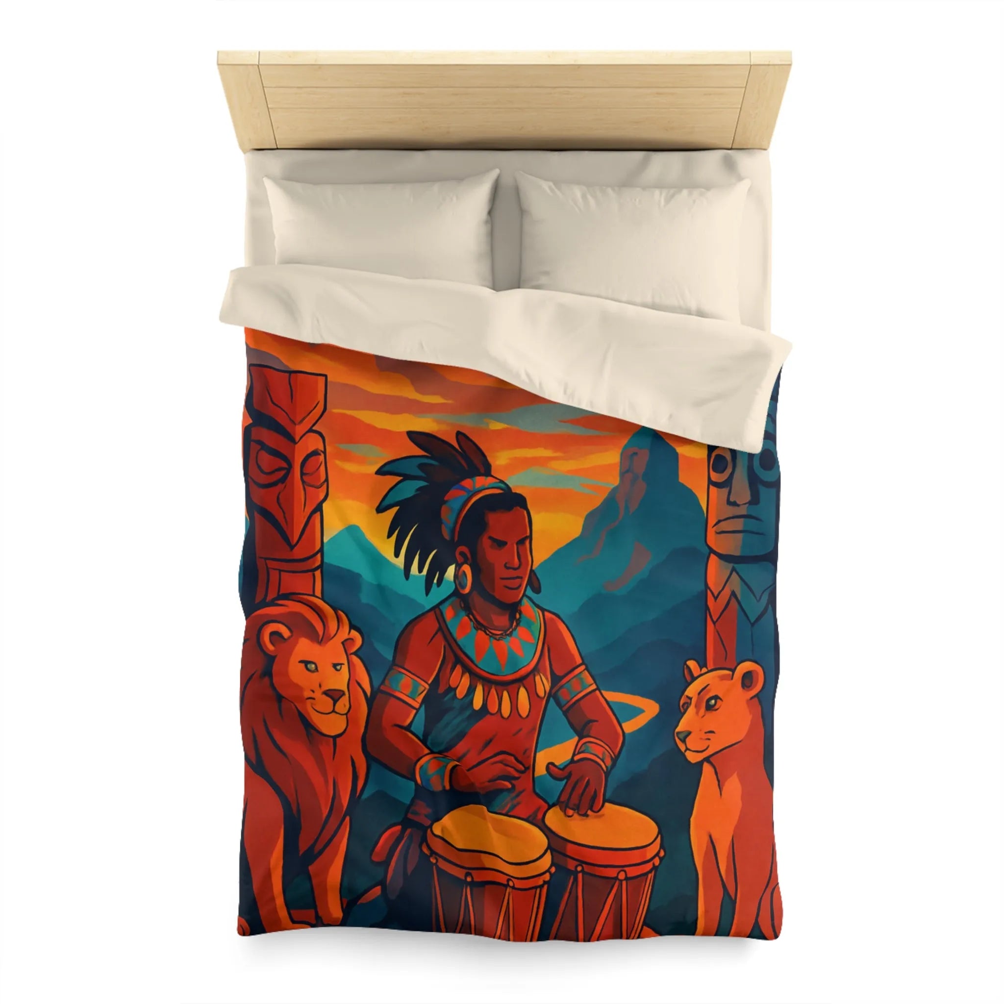 Housse de couette exotique avec musicien, tambours et totems en ambiance chaleureuse