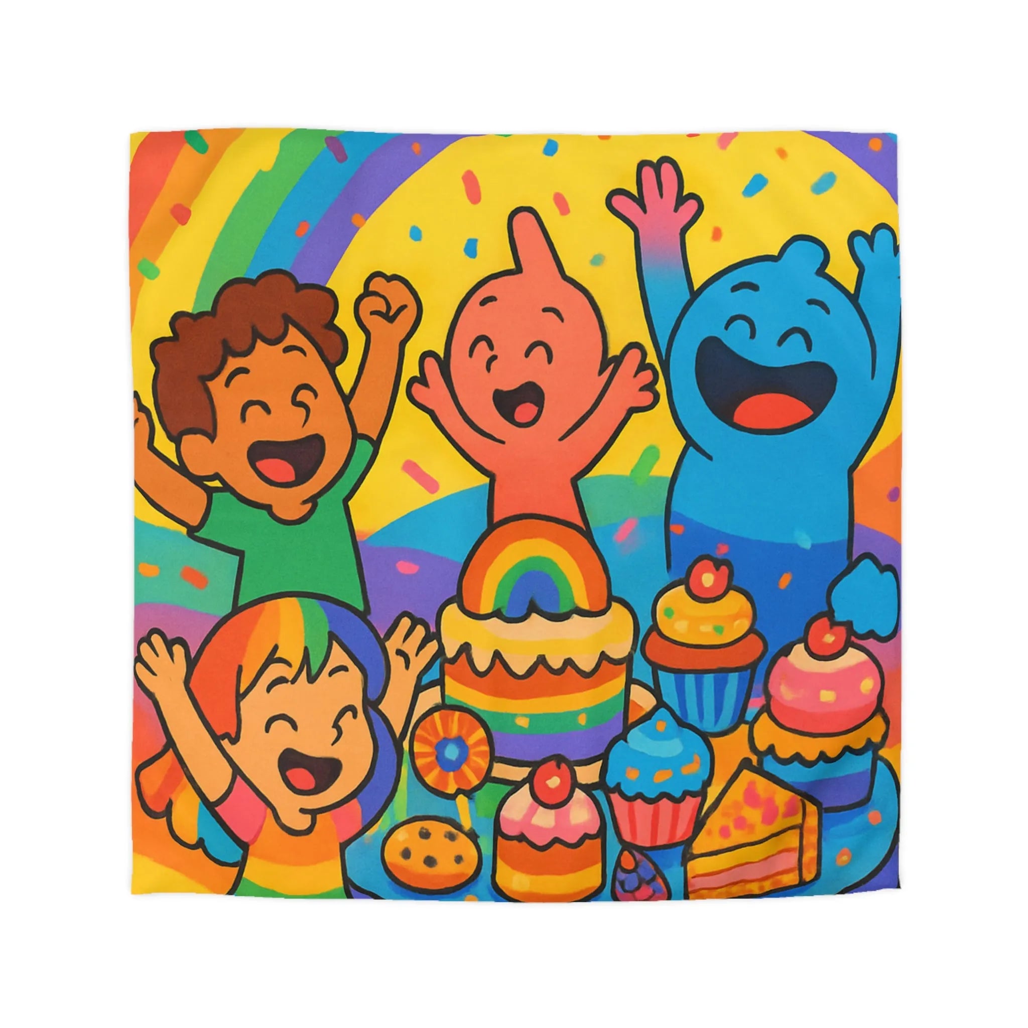 Housse de couette arc-en-ciel enfantine avec personnages joyeux et gâteau festif coloré