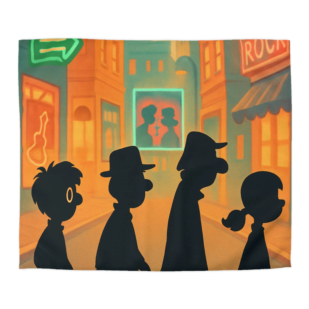 Housse de couette illustrée avec silhouettes sur passage piéton en ville animée colorée