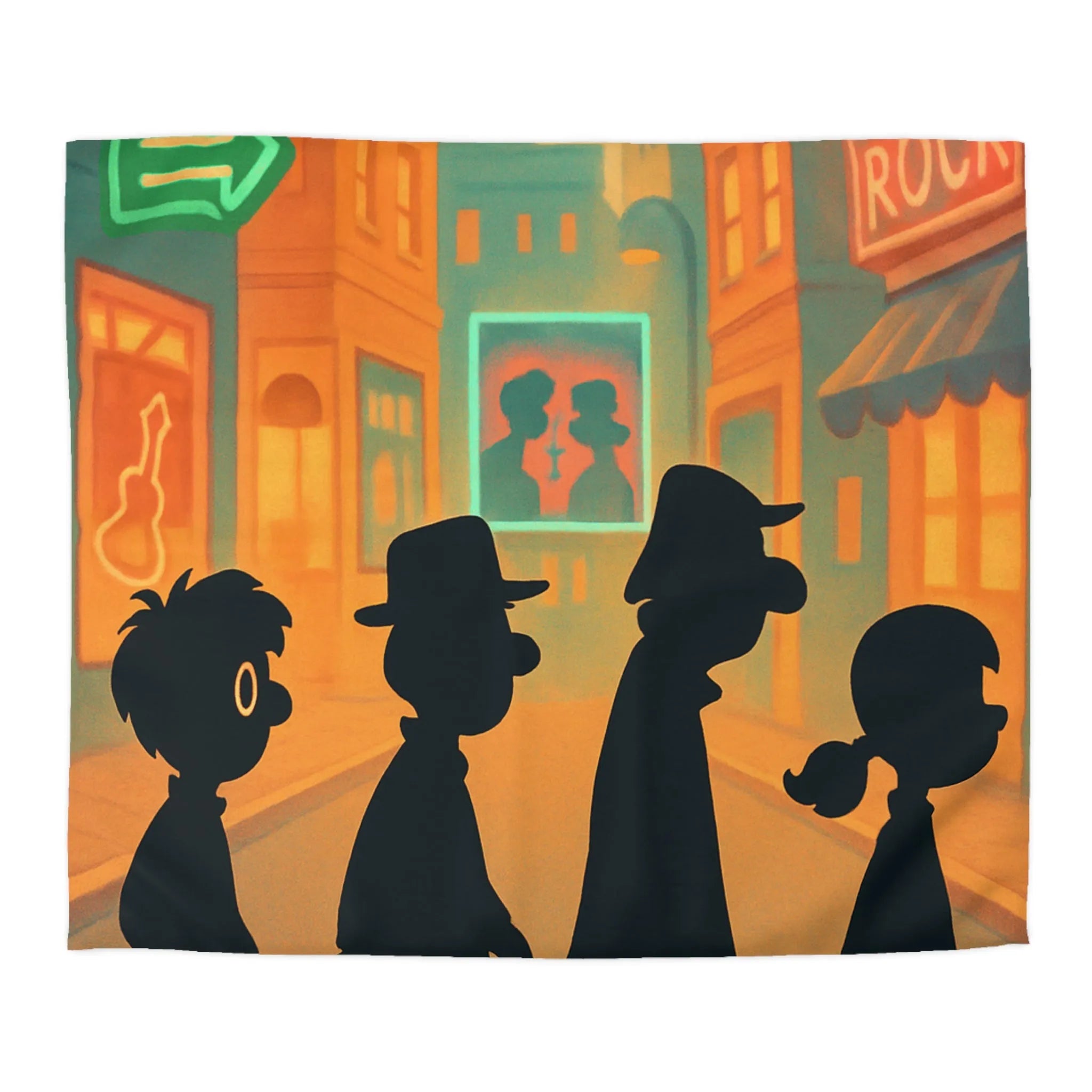 Housse de couette illustrée avec silhouettes sur passage piéton en ville animée colorée