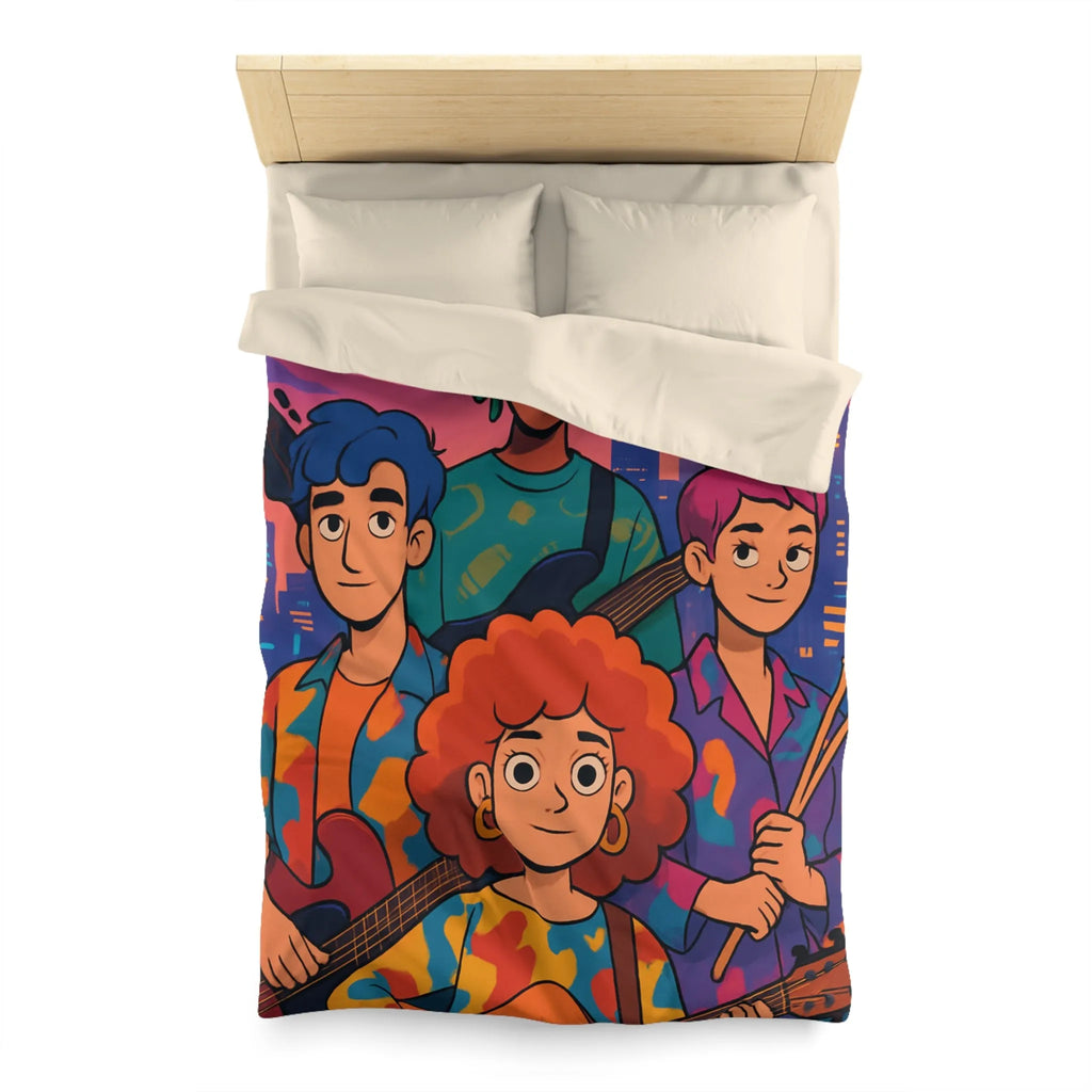 Housse de couette colorée avec groupe de musiciens devant un paysage urbain nocturne