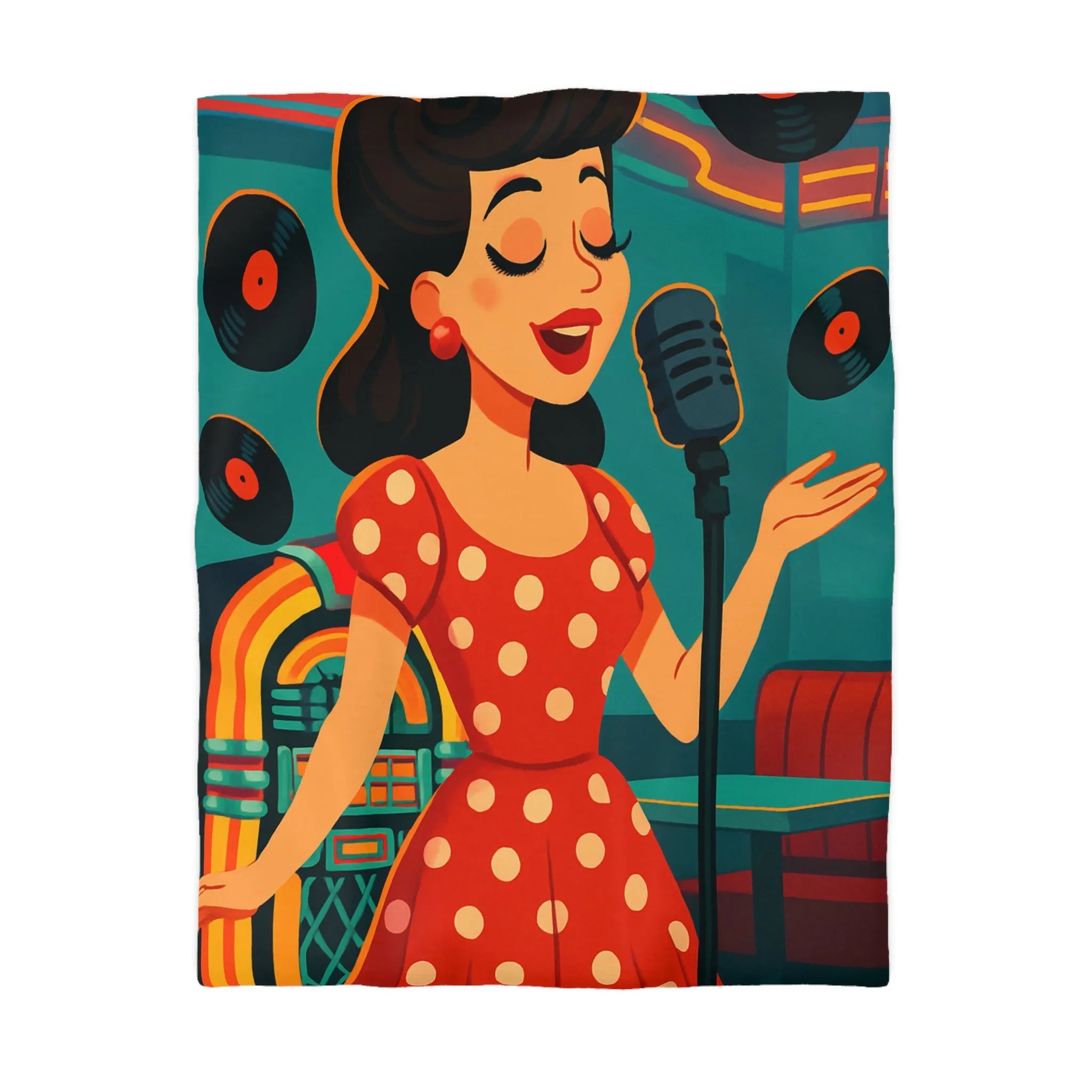 Élégante housse de couette rétro vintage style diner avec chanteuse et disques vinyles colorés