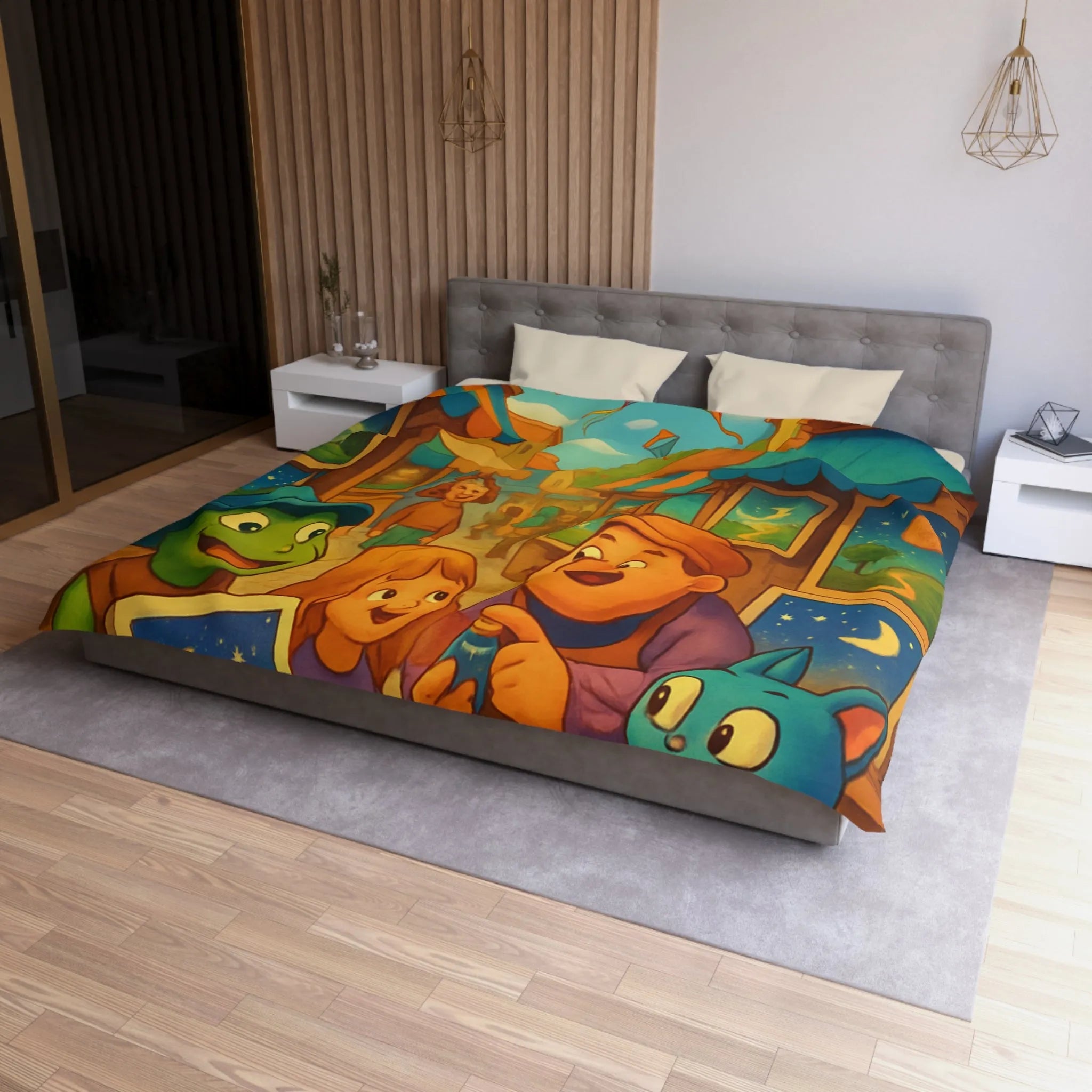 Housse de couette colorée avec scène joyeuse de marché et cerfs-volants artistiques