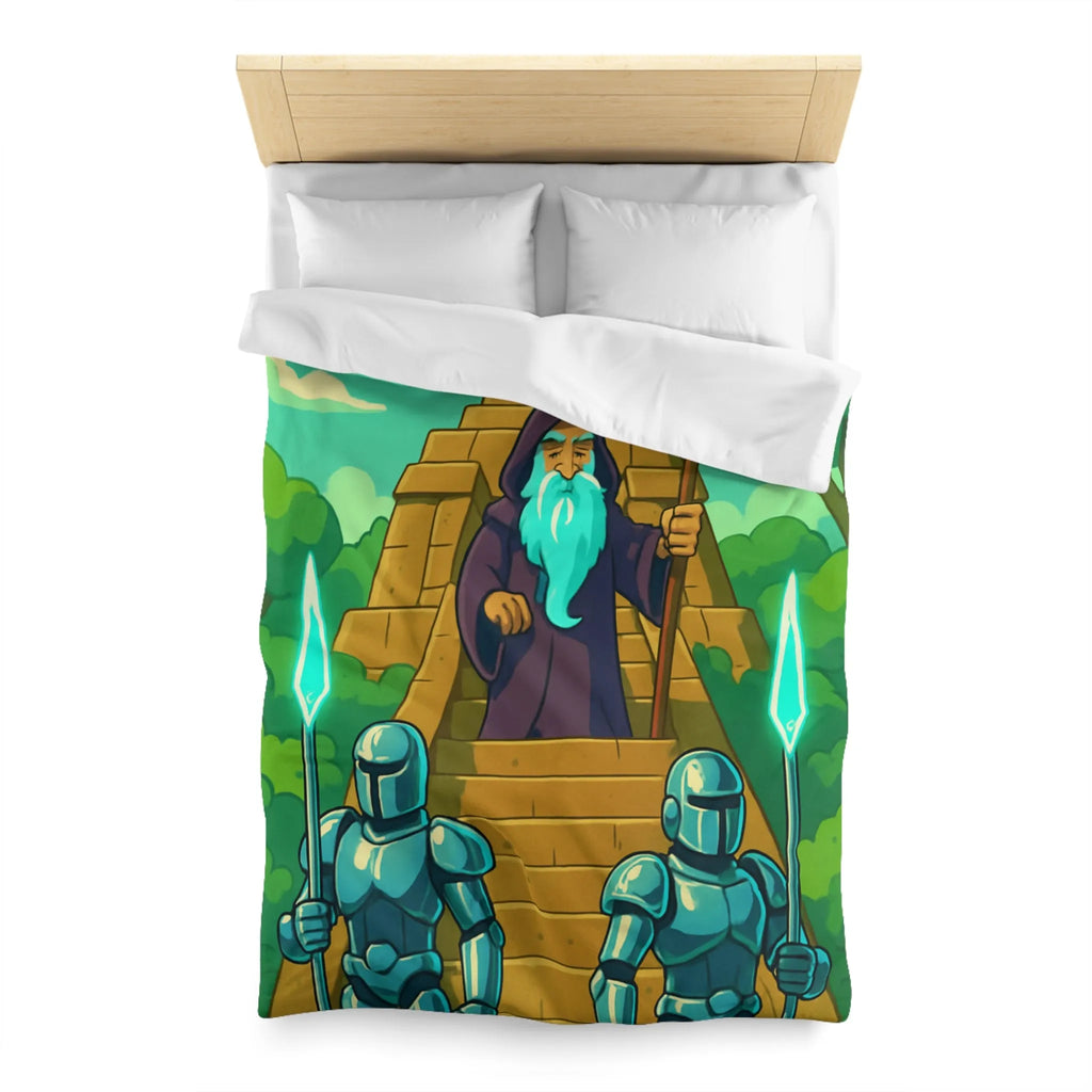 Enchanted Pyramid Landscape with Wizard and Glowing Guardians for Magical Bedding Decor