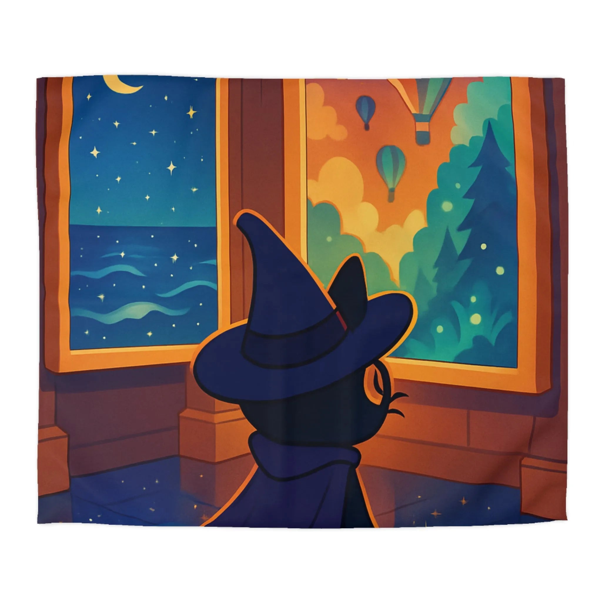 Housse de couette ambiance nocturne avec chat sorcier et paysages enchanteurs colorés