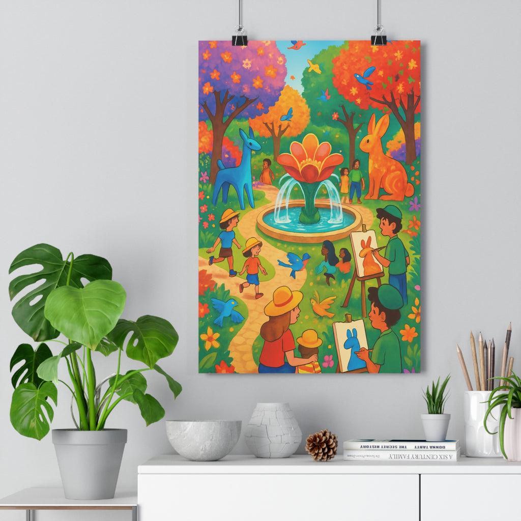 Poster décoratif jardin imaginaire coloré cartoon joyeux enfants adultes animaux géants magique floral bucolique