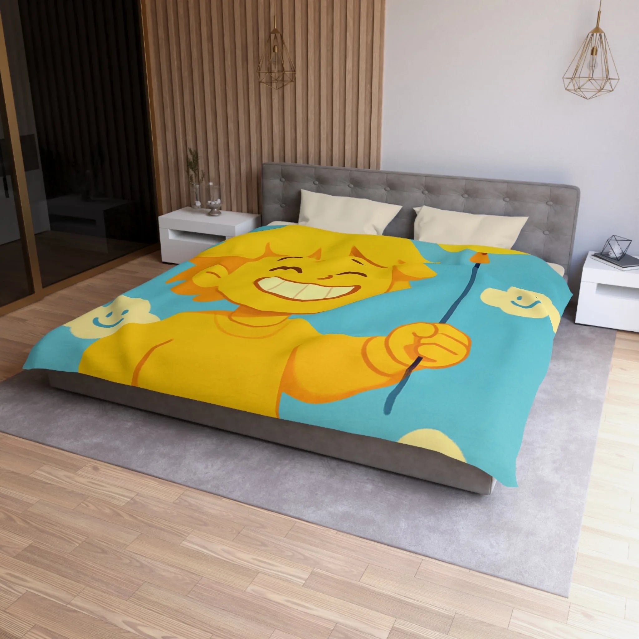 Housse de Couette Enfantine avec Ballon et Nuages Sourires dans Tons Jaunes et Bleus