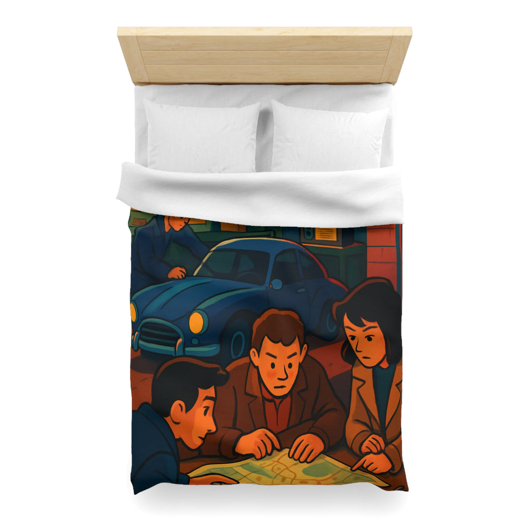 Housse de couette vintage ambiance atelier auto avec carte et personnages concentrés