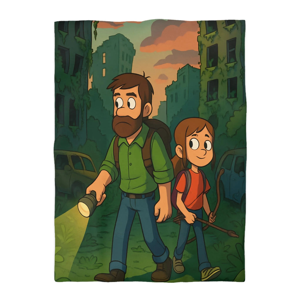 Housse de couette aventure urbaine avec personnages explorant une ville abandonnée la nuit