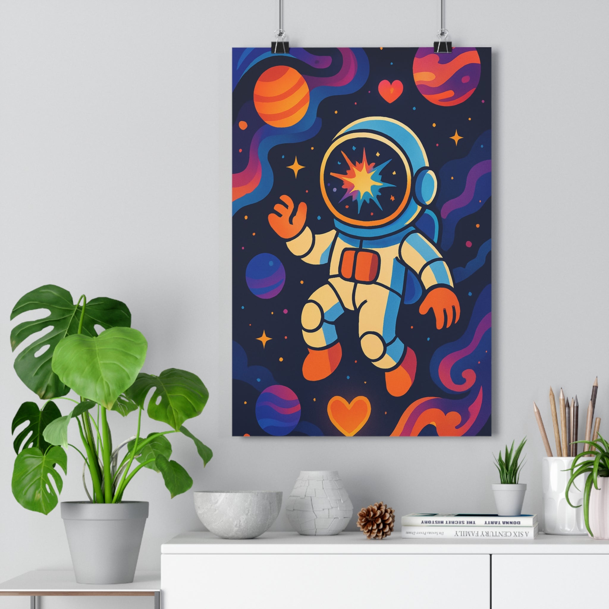 Poster décoratif astronaute espace cosmos cartoon bleu orange violet chambre bureau créatif rêveur 30x46