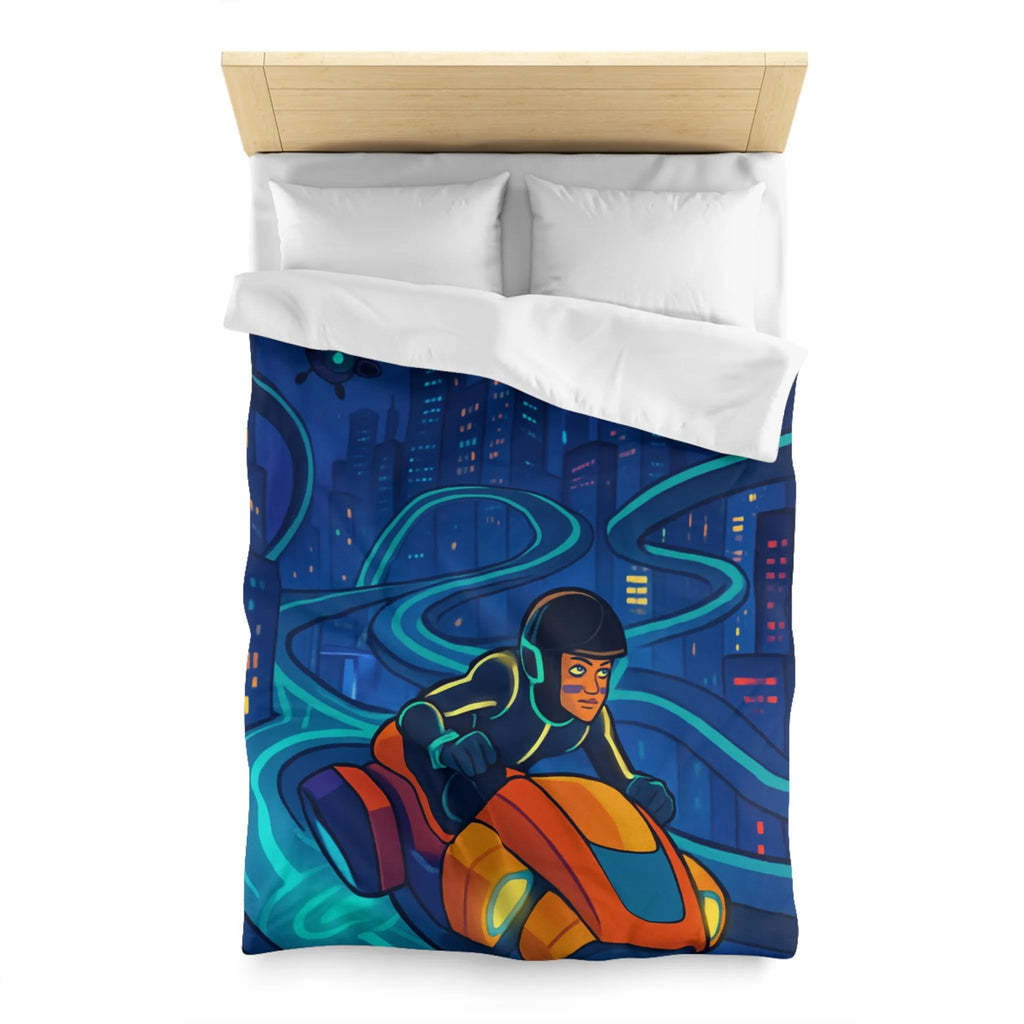 Housse de couette futuriste moto volante dans ville éclairée aux néons