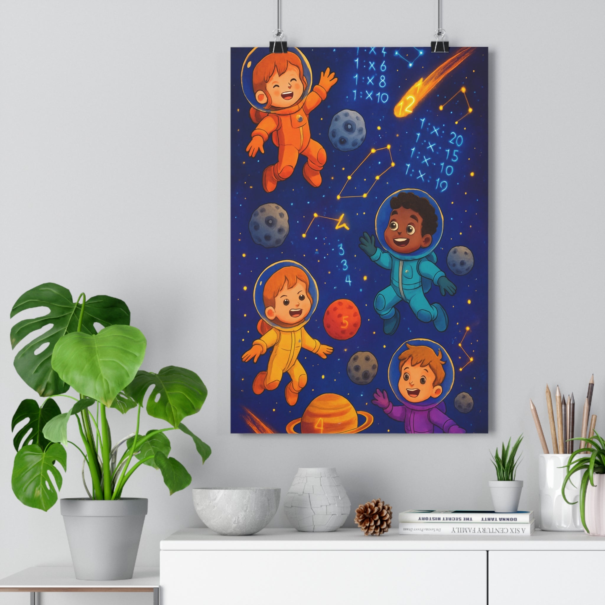 Poster décoratif éducatif enfants ludique galactique cartoon coloré bleu espace chambre multiplication créativité flottante