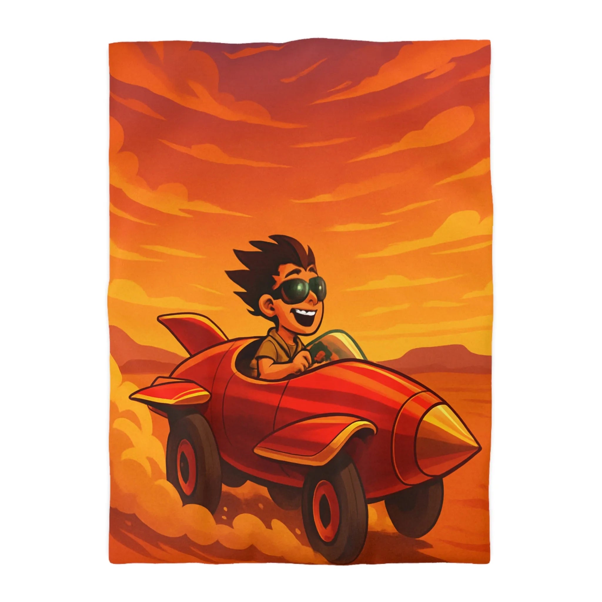 Housse de Couette Enfant Dynamique Rouge avec Avion de Course Ciel Orange