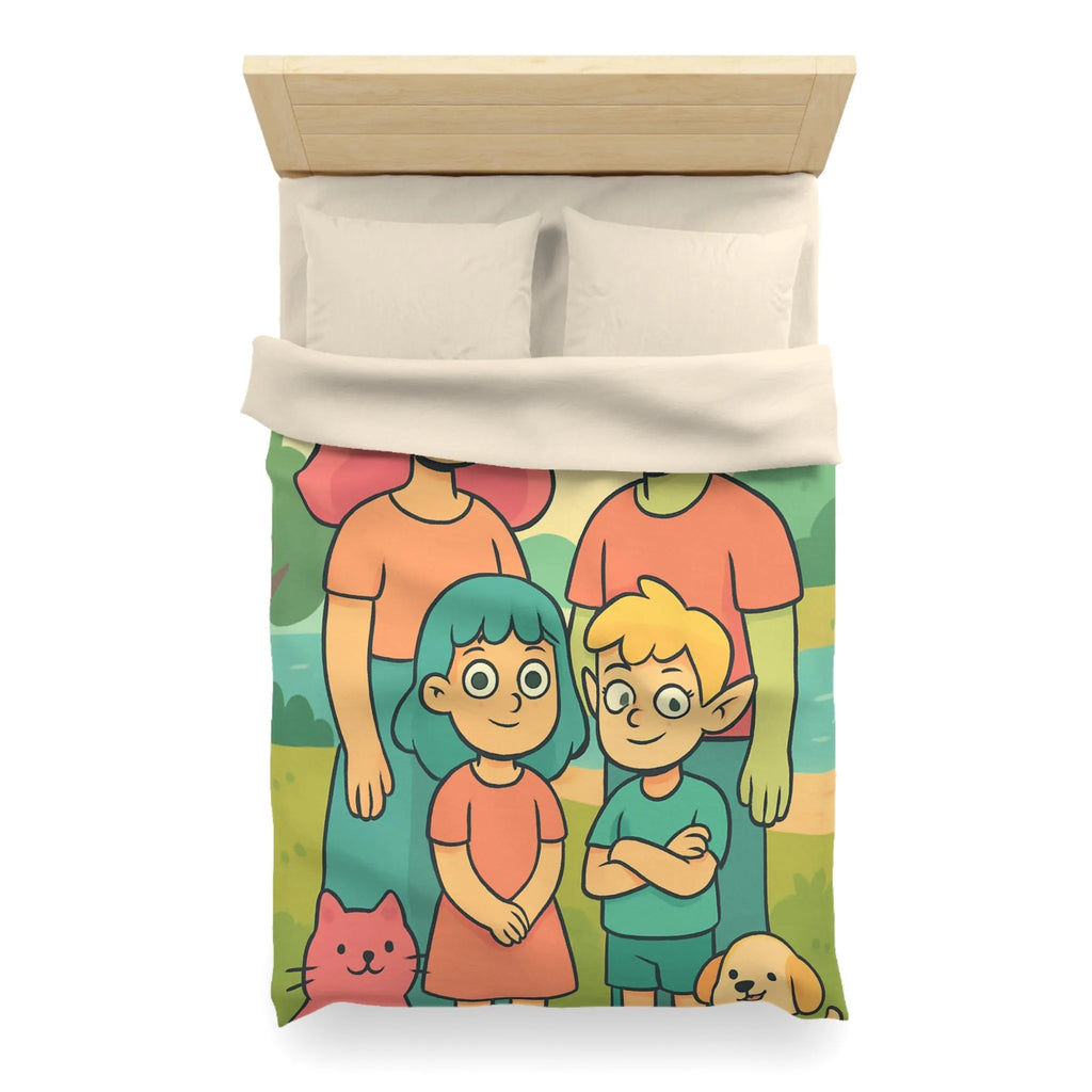 Housse de couette chaleureuse illustrant une famille enchantée et ses animaux compagnons ludiques