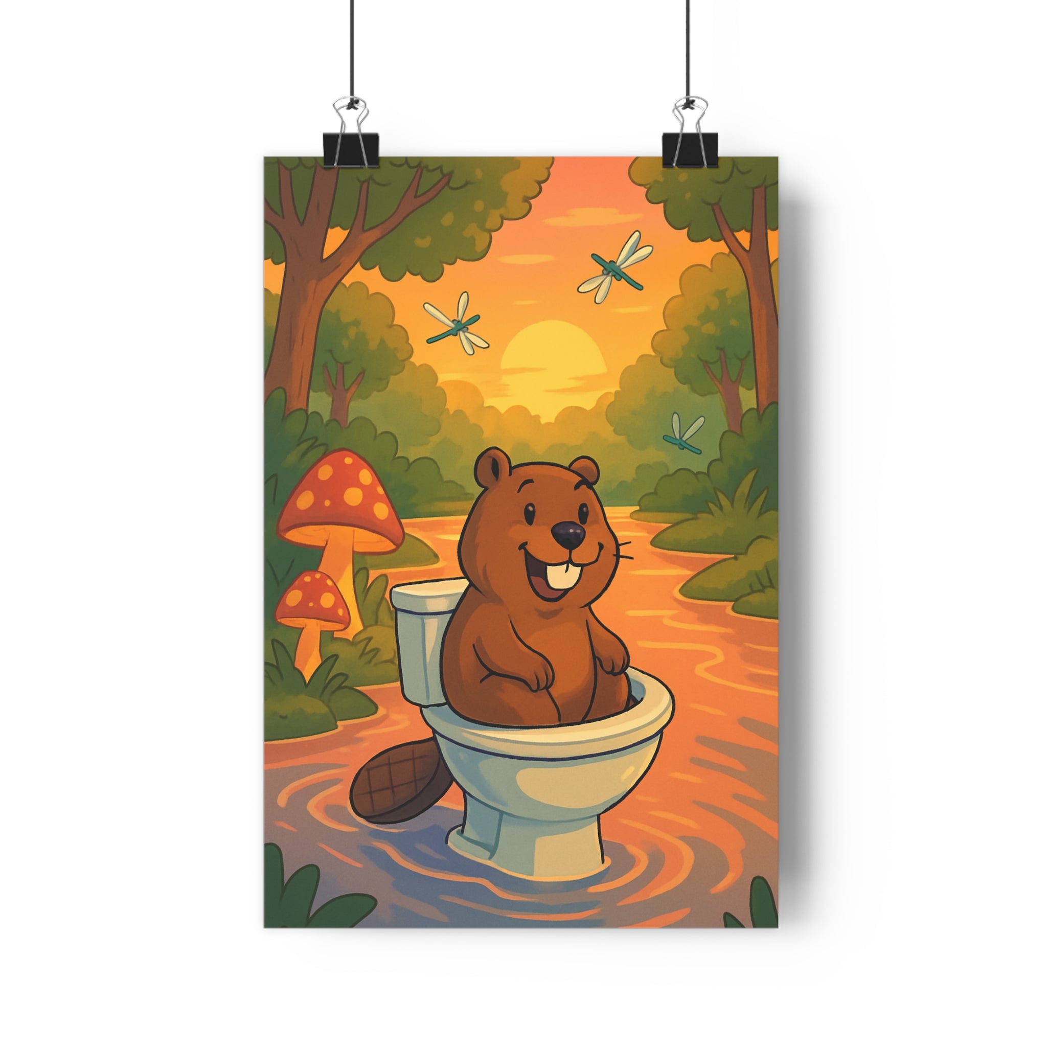 Poster décoratif cartoon illustré rivière joyeuse couleurs chaudes enfant chambre original humour unique design