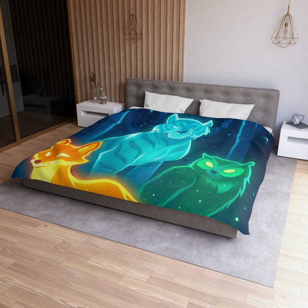 Mystérieuse housse de couette avec renard orange, tigre bleu, et hibou lumineux