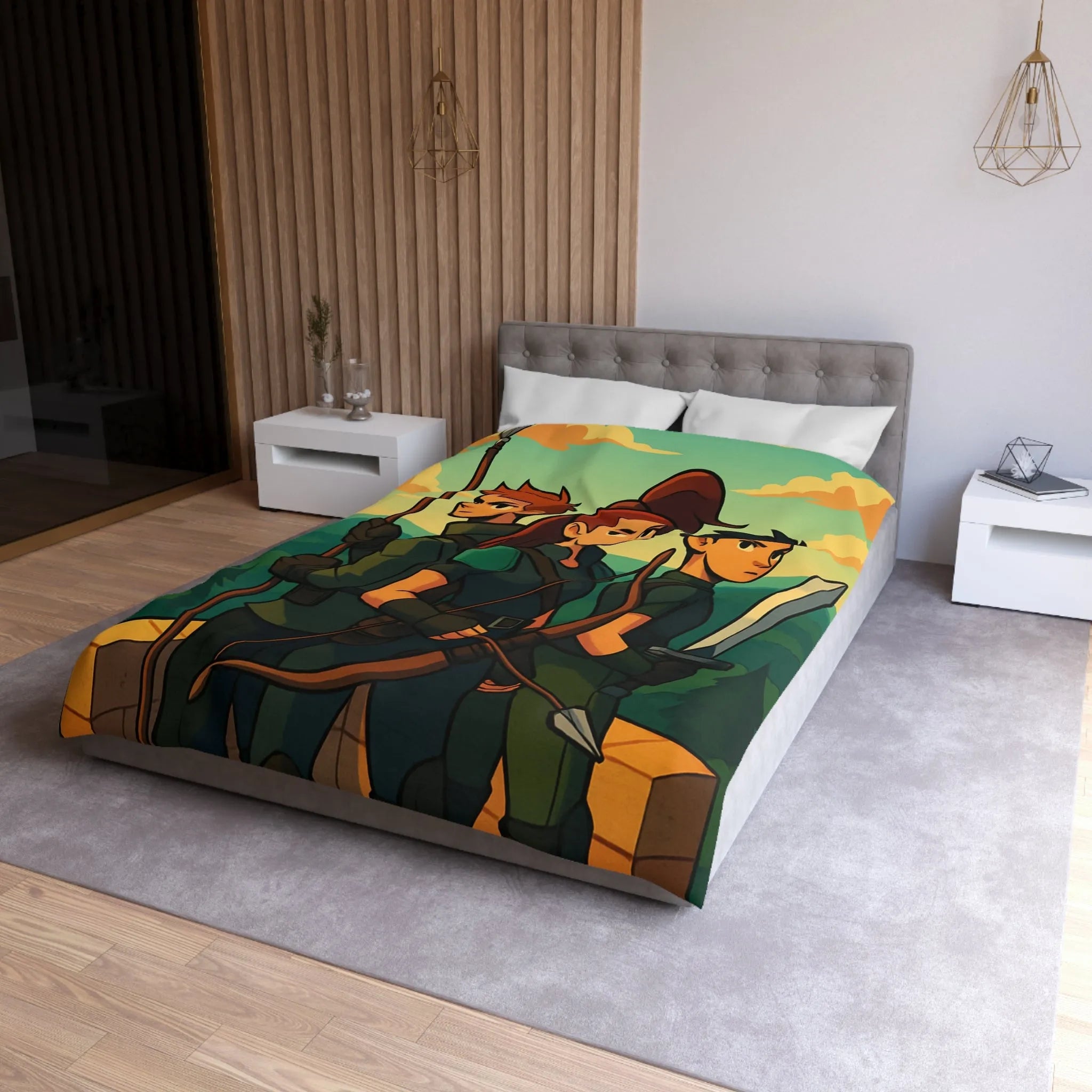 Housse de couette illustrée trois héros médiévaux arc épée forêt château aube