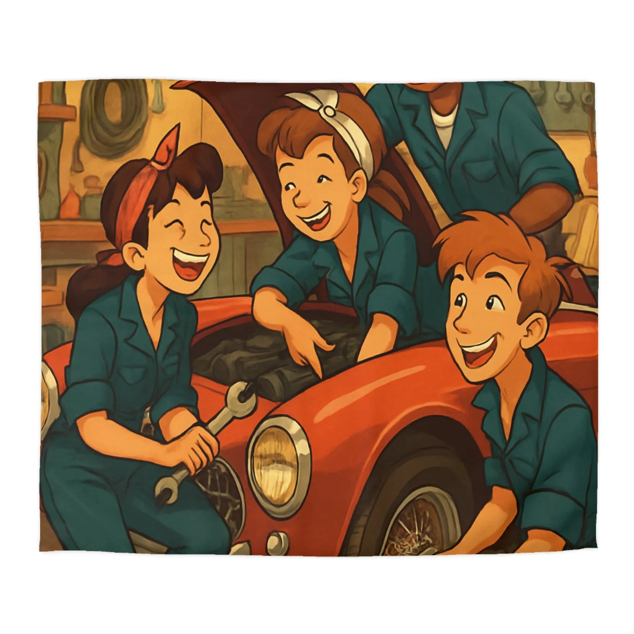 Housse de couette atelier mécanique vintage avec jeunes mécaniciens et voiture rouge joyeuse