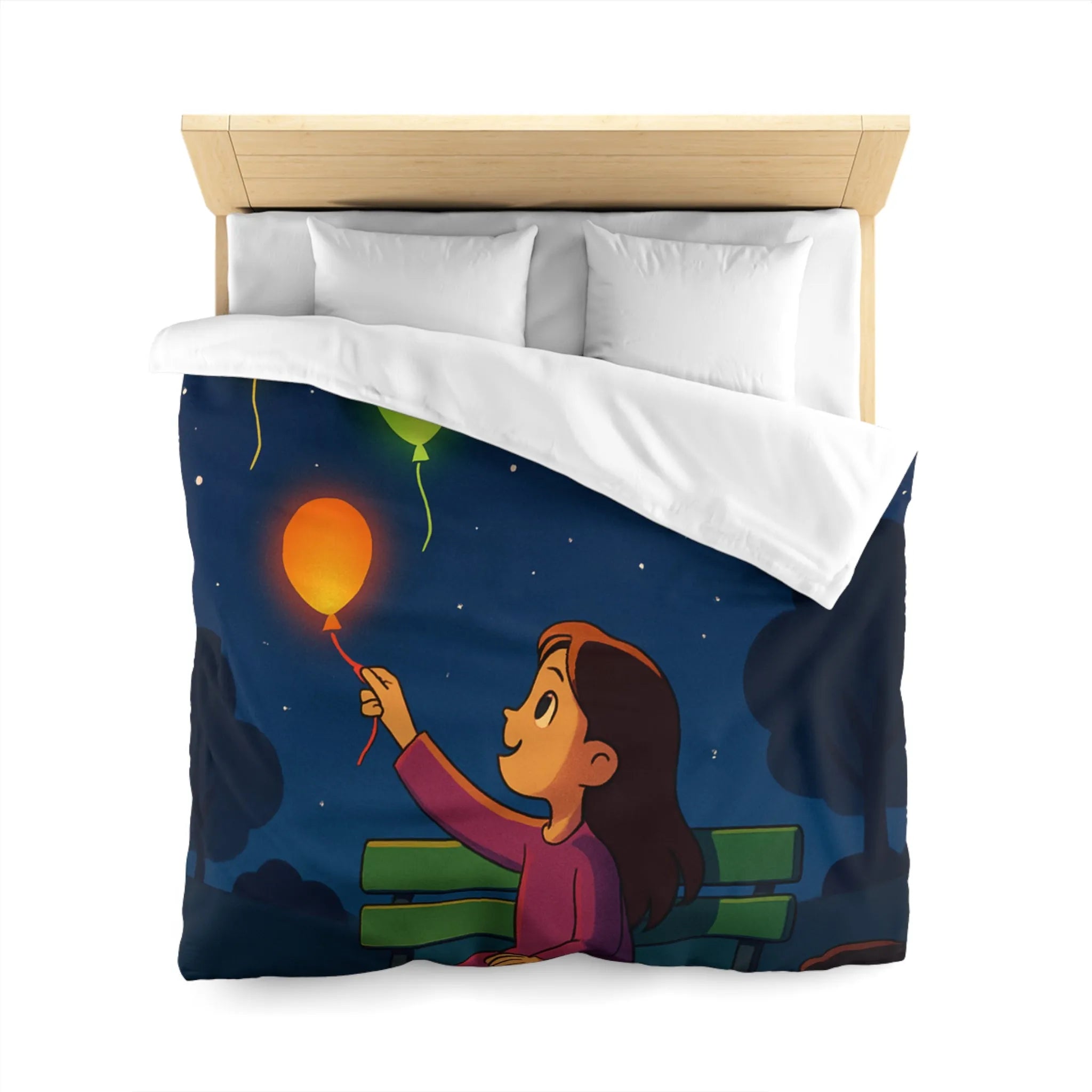 Housse de couette colorée avec ballons lumineux flottant dans un ciel étoilé magique