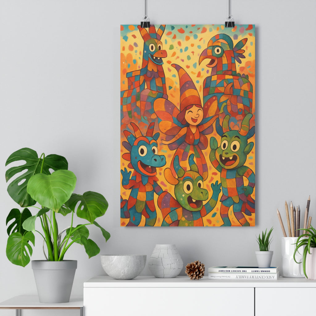 Poster décoratif carnaval moderne bleu orange rouge vert joyeux salon chambre format 30x46 vibrant