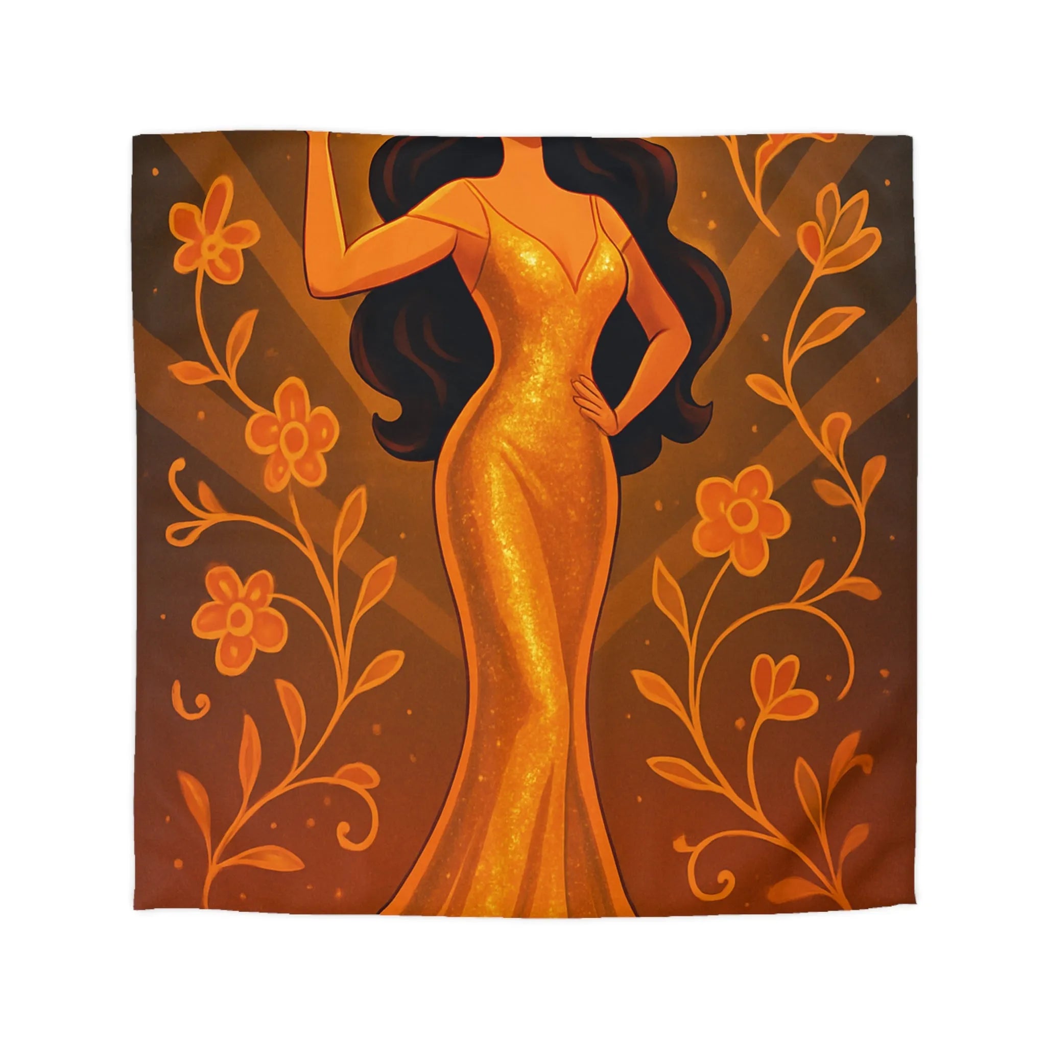 Élégante illustration de femme en robe dorée longue avec fleurs et effets lumineux