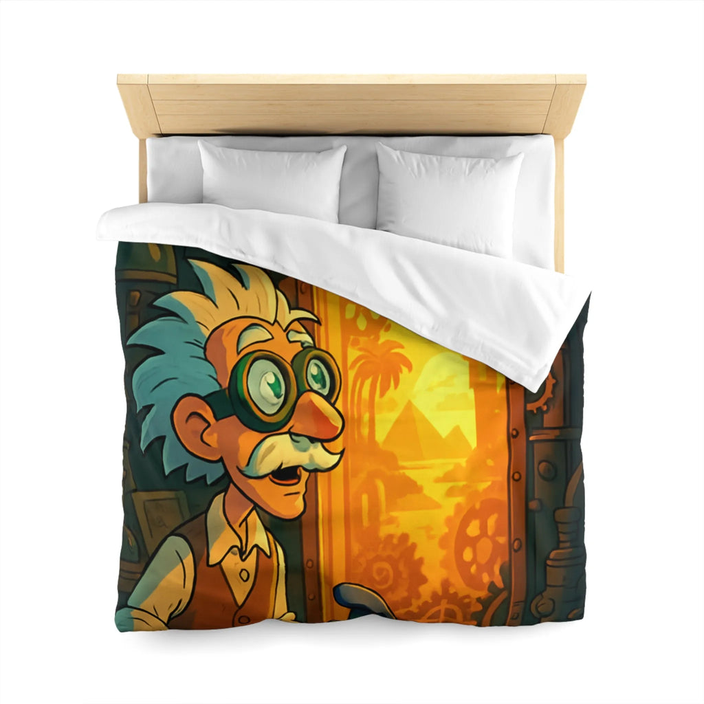 Housse de couette avec professeur inventeur et porte mystérieuse aux teintes orangées