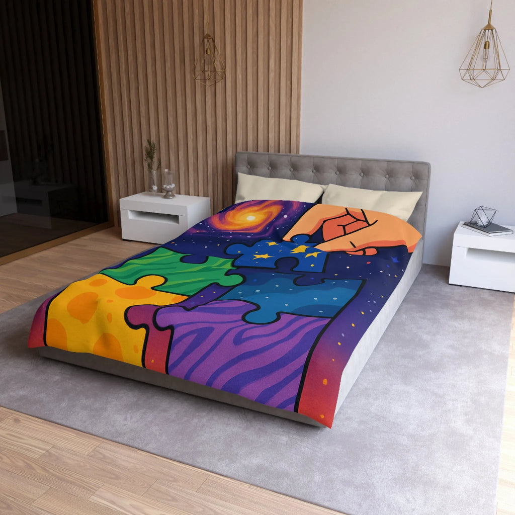 Housse de couette colorée avec motifs puzzle vibrants et design cosmique étoilé